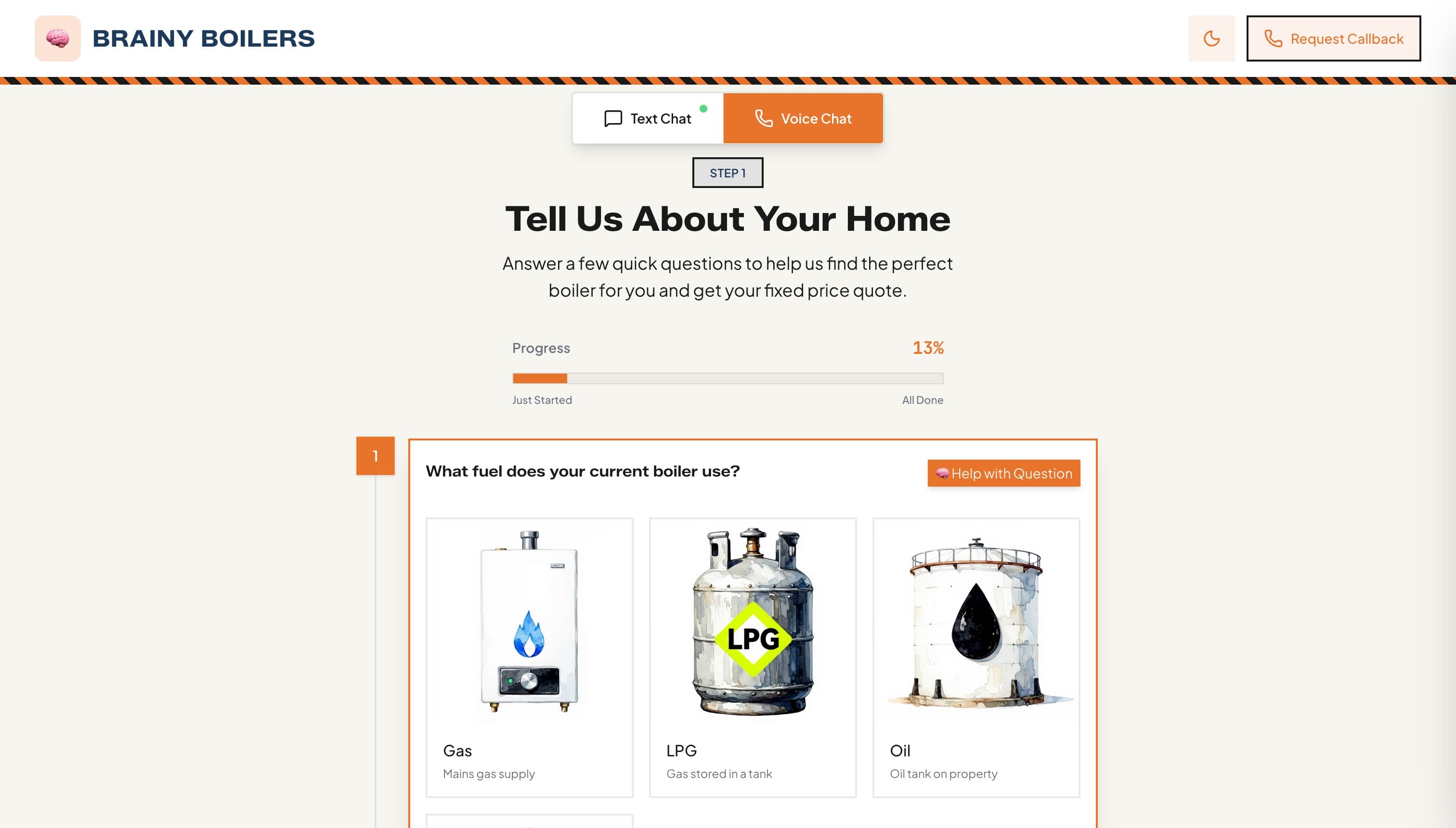 Brainy Boilers self-serve quote flow
